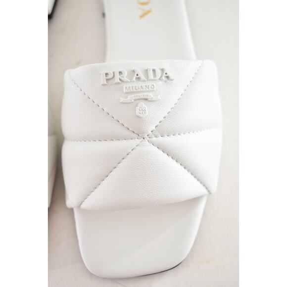 Prada White 55mm Quilted Nappa Leather Logo Slide Sandal Flat Sabots Mule 39.5 - Picture 9 of 16